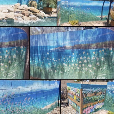 backyard flowers ocean mural