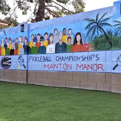 Professional commercial pickleball court wall mural with vibrant athletic branding.