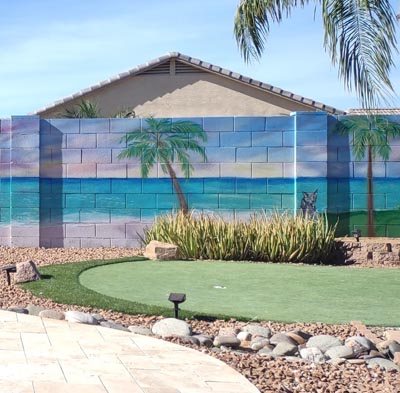 sunset beach blockwall palm mural